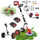 Lemolifys Weed Wacker with Wheels, 21V 2000mAh Battery String Trimmer, 3-in-1 Lightweight Grass Trimmer Cordless, Lawn Edger & Mower, Weed Eater with 2 Battery and 1 Charger, Brush Cutter for Garden