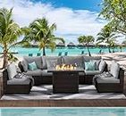 7 Piece Patio Furniture Set with Fire Pit Table, All Weather Outdoor Sectional PE Rattan, Patio Conversation Sets with Cushions and Glass Coffee Table for Garden Lawn Balcony Porch Deck, Grey