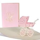 HUSUIME Pop Up Karte mit rosa Kinderwagen aus Papier, Glueckwunschkarte zur Geburt von Maedchen, Baby Dusche G13.3