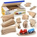 Wooden Train Tracks - 52 PCS Wooden Train Set + 2 Bonus Toy Trains - Train Sets for Kids - Car Train Toys is Compatible with Thomas Wooden Railway Systems and All Major Brands - Original - by Play22