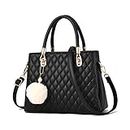 I IHAYNER Womens Leather Handbags Purses Top-handle Totes Satchel Shoulder Bag for Ladies with Pompon, Black, Medium