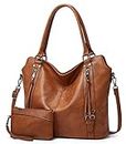Womens Large Leather Hobo Handbag Ladies Fashion Tote Satchel Shoulder Crossbody Bags 2pcs Purses Set, Brown