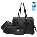 Keyli Laptop Bag for Women Large PU Leather Laptop Briefcase with USB Charging Port Computer Shoulder tote Bags Purse 4pc, Black, 16.7"W x 12.5"H x 6.5"D inch