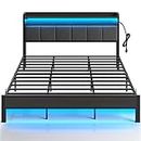 Rolanstar Bed Frame King Size with Charging Station and LED Lights, Upholstered Headboard with Storage Shelves, Heavy Duty Metal Slats, No Box Spring Needed, Noise Free, Easy Assembly, Dark Grey