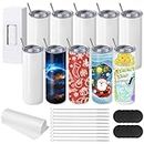10 Pack Sublimation Tumblers Bulk, 20 oz Stainless Steel Straight Skinny Tumbler, White Double Walled Vacuum Insulated Mug with Metal Straws, Individually Boxed