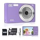 Digital Camera for Teens, FHD 4K 44MP Digital Camera Purple with 64GB SD Card 16X Digital Zoom, Cameras for Photography Compact Point and Shoot Camera for Teen Boys Girls Kids Camera Digital