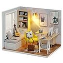 CUTEROOM DIY Miniature Dollhouse Kit with Furniture,Wooden Doll House Plus LED Lights & Dust Cover, DIY House Kit, Mini House Building kit(Study Room)