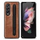 Cavor Crazy Horse Leather Case for Samsung Galaxy Z Fold3 5G 7.6'' Back Cover Case with S-Pen Pocket, Z Fold 3 Case with S Pen Holder Shockproof Protective Phone Cases-Brown