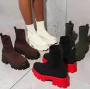 Damen Herbst Winter Stiefeletten Plateau Boots Profil-Sohle Strickschuhe Trendy
