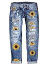 Astylish Women Sunflower Distressed Boyfriend Jeans Raw Hem Mid Waist Denim Stretchy Ripped Washed Ankle Pants Xx-Large, casual