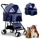 Cature Pet Stroller 3-in-1 Folding Dog Cat Stroller for Medium Small Dogs Cats 4 Wheels Lightweight Travel Dog Strollers Cat Stroller with Detachable Carrier (Color-Blue)