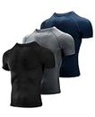 Niksa 3 Pack Tee Shirt Compression Homme Manches Courtes Tshirt Running Homme Vetement de Fitness Gym Compression Maillot T-Shirt Baselayer pour Sports Jogging Musculation, Noir+Gris+Marine, Taille S