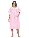 Casual Nights Women's Snap - Front House Dress Short Sleeve Woven Housecoat Duster Lounger Robe with Pockets - Pink Stripe - Medium