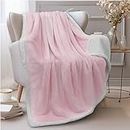 PAVILIA Plush Sherpa Fleece Throw Blanket Light Pink | Soft, Warm, Fuzzy Pink Blush Throw for Couch Sofa | Solid Reversible Cozy Microfiber Fluffy Blanket, 50x60