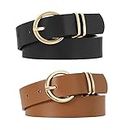 WHIPPY 2 Pack Women's Leather Belts for Jeans Dresses, Fashion Gold Buckle Ladies Waist Belt, Black+Brown, S:Fit Waist Size 25-31 inches