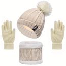 3pcs/set Women Knitted Hat Scarf Gloves Set, Winter Cold Weather Set With Knit Beanie Cap Touch Screen Gloves Circle Neck Scarf For Adults Sports Outdoor