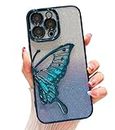 CINCH Designed for iPhone 14 pro max Luxury Glitter Cute Butterfly Plating Design Aesthetic Women Teen Girls Phone Cases Camera Protection Shockproof Cover (Blue)