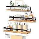 upsimples Bathroom Floating Shelves Wall Mounted Shelving with Removable Towel Bar, Wall Decor and Organizer for Bathroom, Bedroom, Living Room, Kitchen, Light Brown,Set of 3