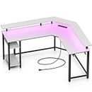 Rolanstar Computer Desk 55.1" with Power Outlets USB Ports & LED Strip, Reversible L Shaped Desk with Monitor Stand & Storage Shelf,L Shaped Gaming Computer Desk with Hooks,White