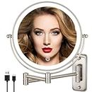 ALHAKIN 9 Inch Rechargeable Wall Mounted Lighted Makeup Mirror, Double Sided 1X/10X Magnifying Bathroom Mirror with 3 Color Lights, Touch Screen Dimmable 360° Swivel Light Up Mirror, Nickel
