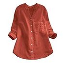 Womens Long Sleeve Shirt Cotton Linen Button Down Blouse Solid Color V Neck T Shirts Elegant Tops (Orange, S)