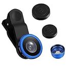 iplusmile 3 in 1 Phone Camera Lens Kit, Fisheye Lens 180 Degree Macro Lens Wide Angle Lens Clip on Cell Phone Lens Compatible with iPhone 6S/ 7/8/X Mini 3/2 and Most Smartphones, Blue