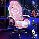 ALFORDSON Gaming-Stuhl, Bürostuhl, Drehstuhl, großer Stuhl, 8-Punkt-Massage, 12-Farben-RGB-LED-Licht, ergonomisch, mit Fußstütze, Kopfstütze und Lendenkissen, Rosa und Weiss