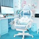 Vigosit Cute Gaming Chair with Cat Paw Lumbar Cushion and Cat Ears, Ergonomic Computer Chair with Footrest, Reclining PC Game Chair for Girl, Teen, Kids, Blue White