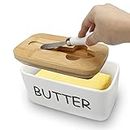 Butter Dish, Porcelain Butter Container with Air-Tight Seal Lid and Stainless Steel Butter Knife, Covered Butter Dish Perfect to Holds Up 2 Sticks of Butter (White)