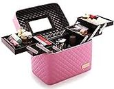 M-Aimee Multifunction Travel Cosmetic Bag with Mirror Portable Train Makeup Case 4 Foldable Makeup Tray for Cosmetics Makeup Brushes Toiletry Jewelry Digital Accessories (Pink)