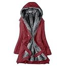 lcziwo Women's Chunky Faux Fur Lined Parka Snow Coat Cold Weather Thermal Zipper Cozy Belted Hooded Windbreaker, Red, Medium