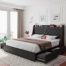iPormis King Size Bed Frame with 4 Storage Drawers, Upholstered Platform Bed Frame with Type-C & USB Ports, Wingback Storage Headboard, Solid Wood Slats, No Box Spring Needed, Dark Gray