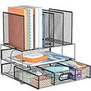 WALI Letter Trays & Stacking Supports Desk Organizer 2-Tier Office Supplies Mesh Desk Organizer with Drawer and 5 File Holders Multifunction Organizer and Storage for Home, Office (DO004-B), Black