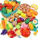 KaeKid Cutting Play Food Toys for Kids Kitchen, Pretend Role Play Toys with Basket, Preschool Educational Toys for Toddlers Boys Girls