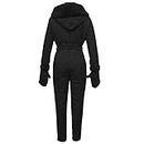 Women's Thermal Thick Jumpsuit Ski Suit Snowy Weather Hot Outdoor Sports Zip Hooded Quilted Romper with Gloves Black