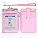 HASFINE ID Badge Holder with PU Leather Zipper Pocket & Lanyard, 2 Sided 5 Card Slots ID Card Holder Wallet,Detachable Keychain Lanyard for Teens Men Women(Pink)