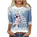 JISDFKFL Ugly Christmas Sweatshirt for Womens Sale Clearance, 2023 Cute Christmas Tree Snowman Print 3/4 Sleeves Pullover Fashion Sweaters Round Neck Funny Graphic Uk Xmas Costume Light Blue