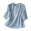 Mzkdieey Womens Summer 3/4 Sleeve Cotton Linen Tops Vintage Floral Embroidered Shirts Oversized Casual Crew Neck Boho Blouse Blue