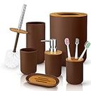 6 Pcs Bamboo and Plastic Bathroom Accessories Sets, Includes Toothbrush Cup, Toothbrush Holder, Soap Dispenser, Soap Dish, Toilet Brush with Holder, Trash Can, with 3 Pcs Toothbrushes (Brown)