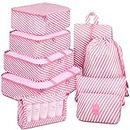 Mossio 9 Set Packing Cubes with Shoe Bag & Electronics Bag - Luggage Organizers Suitcase Travel Accessories, Pink Striped, Large
