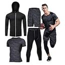 4PCS Gym Clothes for Men,Workout Sets incluir Compression Shirt Pants Hoodie for outdoor sports running,indoor fitness