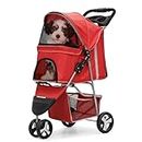 Magshion 3 Wheel Foldable Waterproof Premium Quality Pet Cat Dog Stroller Travel Carrier Light Weight with Storage Basket Cup Holder Zipper Lock, 35lbs Capacity, Red