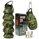 Collapsible Water Bottle 580ml (Woodland Camo) - 2 Lids, Carabiner, Gift Box - Leak Proof Silicone Gym Water Bottles Army - Military Veterans Day Gifts for Him - Hiking & Camping Accessories