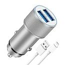 LUOSIKE Car Charger and Cable for iPhone, 5V/2.4A 2-Port Cigarette Lighter USB Adapter with 1m Lightning Cable, 12V/24V USB Socket Compatible with iPhone, Navigators, Dash Cam and Other in Car Devices