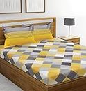 HUESLAND by Ahmedabad Cotton 144 TC Cotton Double Bedsheet with 2 Pillow Covers - Yellow, Grey
