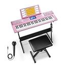 Donner Keyboard Piano 61 Key, Electric Keyboard Kit with 249 Voices, 249 Rhythms - Includes Piano Stand, Stool, Microphone, Gift for Beginners, Pink(DEK-610S)
