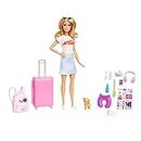 Barbie Coffret Voyage Malibu, Poupée de Voyage avec Plus de 10 Accessoires, Inclus Un Chiot, Une Valise Rose, Un Sac À Dos Et Une Feuille D'Autocollants, Jouet pour Enfant de 3 Ans et Plus, HJY18