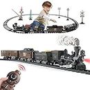 Electric Train Set Toys for Boys with Remote Control, Steam Train with Smoke,Light & Sounds,Cargo Cars & Tracks Holiday for 3 4 5 6 7+ Years Old Kids