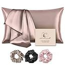 Candibella’s Satin Silk Pillow Covers for Hair and Skin, Pack of 2 Satin Pillow Cover with 3 Satin Scrunchies for Women, Luxurious Silk Pillow Covers with Envelope Closure, 400 TC (Rose Taupe)