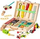Tool Kit for Kids, Wooden Tool Box with Colorful Wooden Tools, Creative DIY Educational Construction Kids Toy